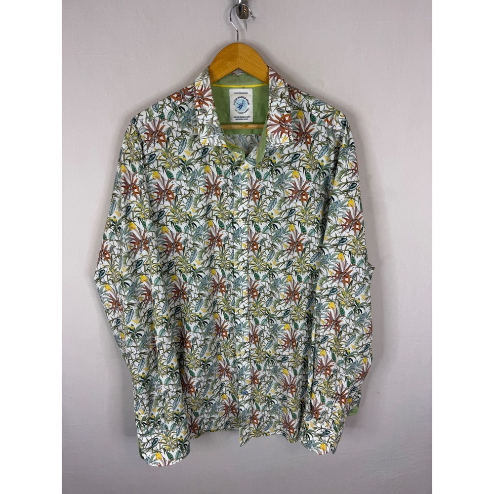 A Fish Named Fred Mens 2XL Tropical Botanical Print Long Sleeve Button Down